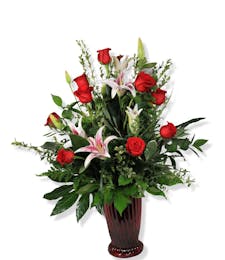 Cupids Kiss - Dozen Red Roses with Stargazer Lilies