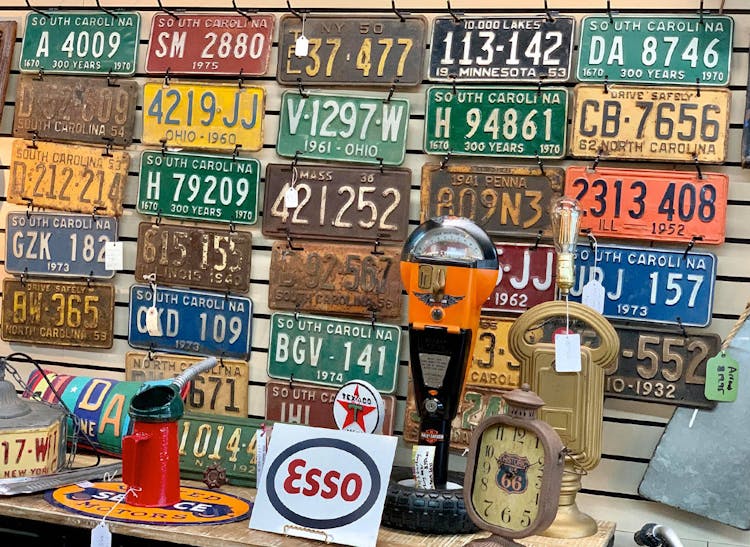 Unique finds, like these used license plates and street meters, can be found at our Landrum antique store